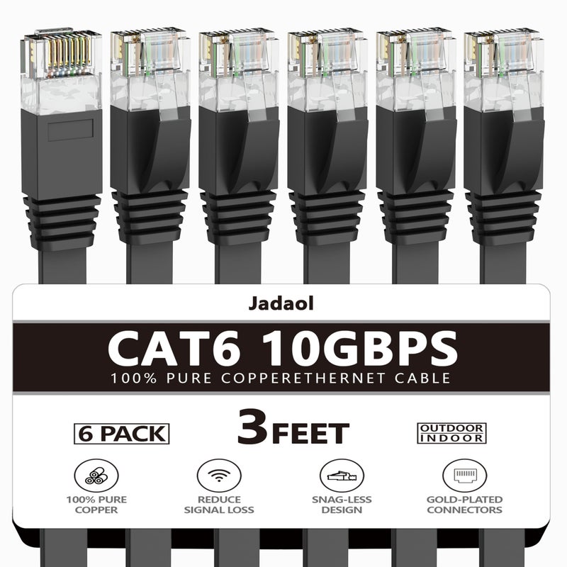 Jadaol Cat 6 Ethernet Cable 3 ft 6-Pack, 10Gbps Support Cat8 Cat7 Network, Flat High Speed LAN Internet Patch Cables, Short Ethernet Cables for Router, Modem, Switch, PC, Laptop, Gaming Console, Black - Image 1